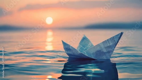 An origami paper boat folded from a newspaper sheet, placed on water background with space for text