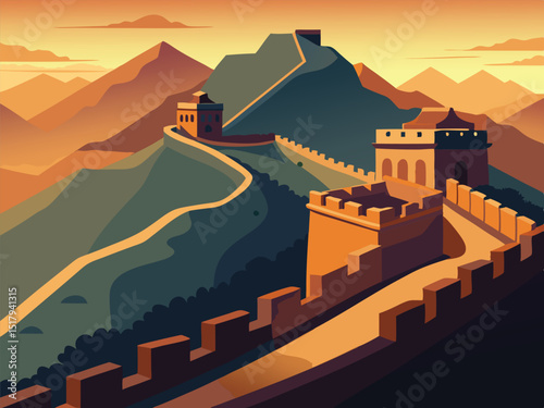 Great wall of china illustration vector art landscape asia