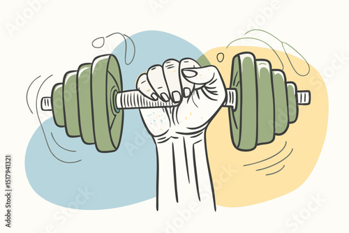 Vector illustration of a hand firmly gripping a dumbbell, signifying power, health, and fitness. Features vibrant colors and artistic design, symbolizing strength training and determination.
