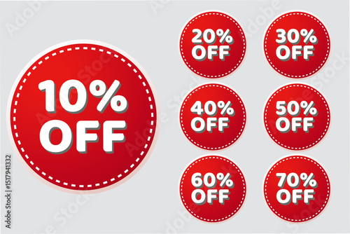 A Set off red circle discount price tag. percentage 10%, 20%, 30%, 40%, 50%, 60%, 70%, and 80%, Discount mega offer for big sale marketing shopping for short time. New collection badge business design