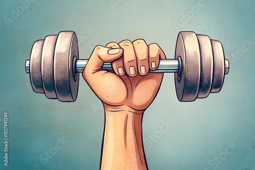 Hand gripping barbell, symbolizing strength, health, determination. Retro-style artwork emphasizes physical fitness with motivating, impactful visual ideal for fitness promotions, motivation campaigns