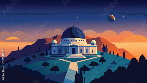 Observatory illustration at night with moon and stars view