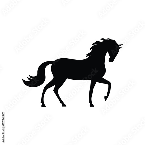 "Black Silhouette of Walking Horse Isolated on White Background"