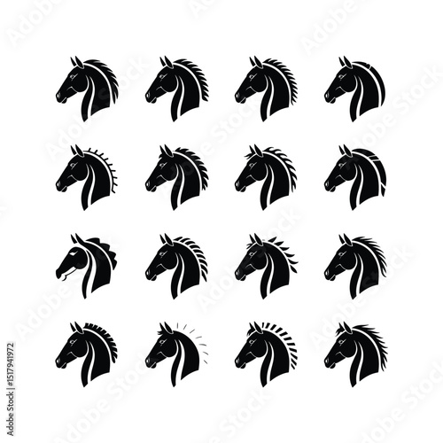"Collection of Sixteen Horse Head Silhouettes in Black on White Background"