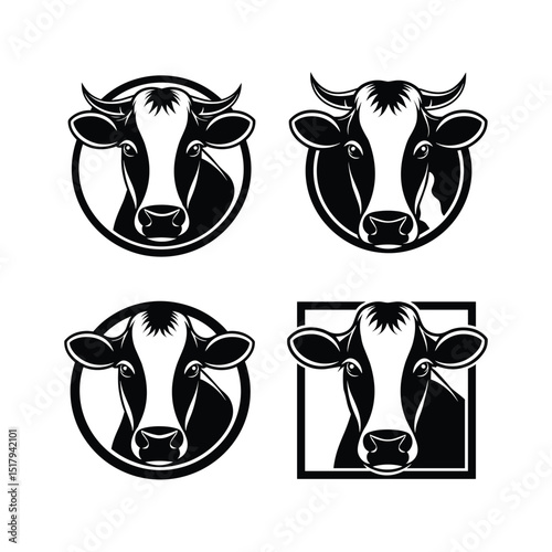 "Set of Black and White Cow Head Illustrations in Logo Style"