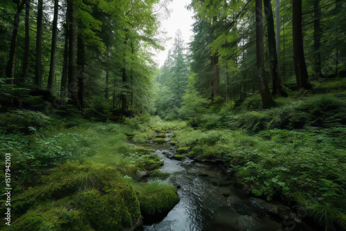 Serene forest creek meanders through lush moss, whispering ancient tales; perfect for World Biodiversity Day or Forest Bathing retreats