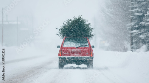 Red truck braves snowy gusts, evergreen triumphs above, invoking Yule nostalgia and quirky winter solstice adventures