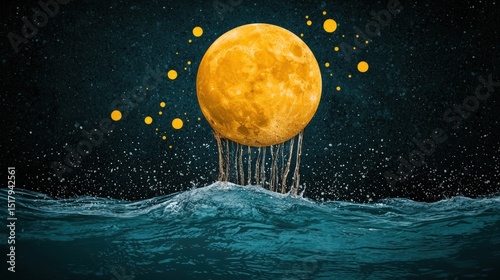 A surrealistic image of a large orange moon falling into a body of water, surrounded by smaller orange circles and stars.