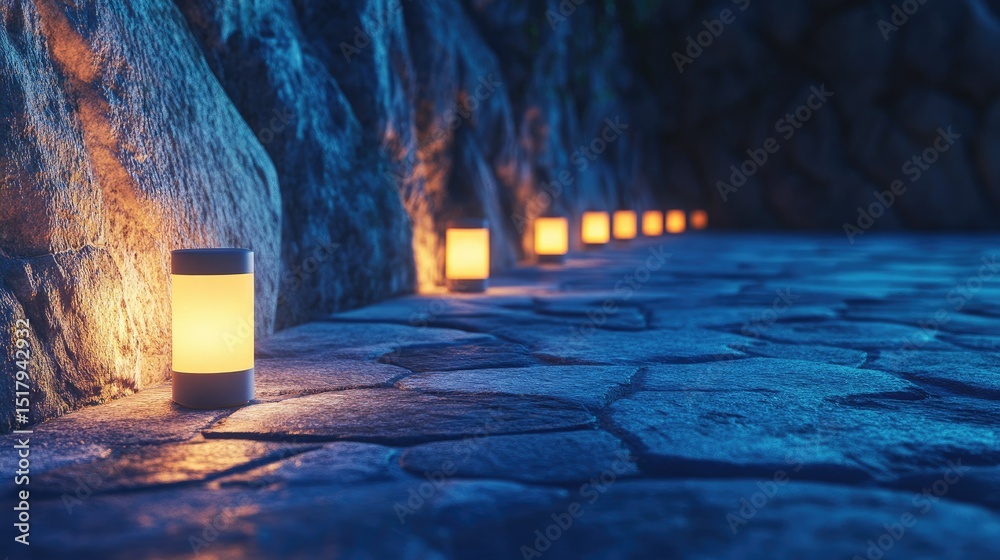 Obraz premium A row of LED garden lights lining a stone pathway, modern outdoor illumination for safety and aesthetics.
