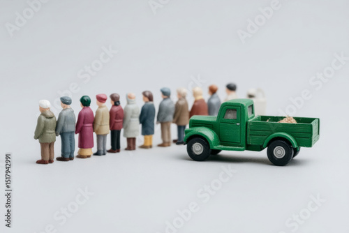 Tiny figures queuing patiently behind a toy truck evoke whimsical charm, perfect for World Miniature Day or diorama enthusiasts