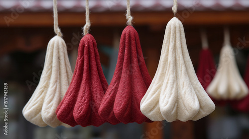 Hanging colorful Georgian cheese sacks, rustic charm ropes, traditional fermentation, culinary tapestry, celebrates Qvevri Wine Day