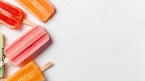 Colorful assortment of fruit-flavored popsicles arranged on a clean white background