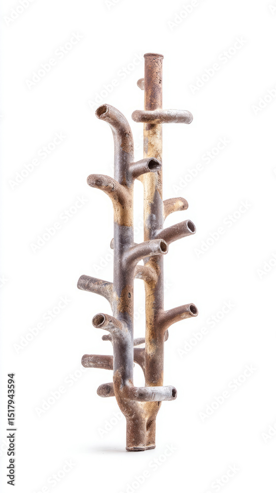 Fototapeta premium Rusted pipe sculpture mimics a barren tree, evoking Earth Day reflections, industrial art, and intriguing eco-architecture designs
