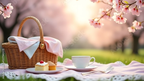 A picnic scene in the park A picnic scene in the park with cherry blossom
