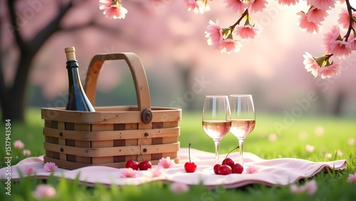 A picnic scene in the park with a wicker basket and a bottle of champagne resting on a checkered blanket.
