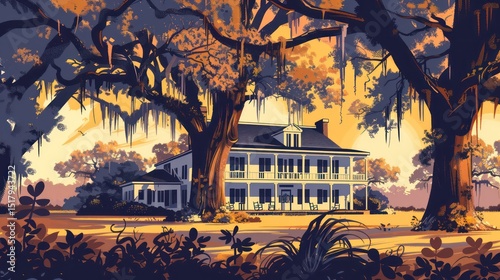 Southern mansion with porch, mossy oaks, and warm afternoon light in vector style.

