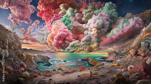 A surrealistic landscape with a vibrant, colorful sky, a body of water, and a rocky shore.