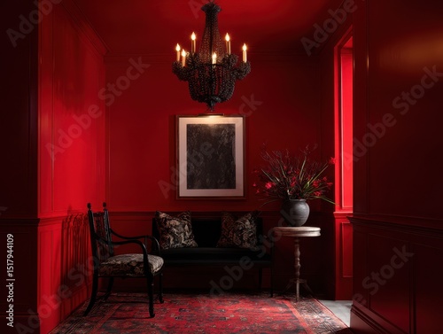 Red interior design with an...