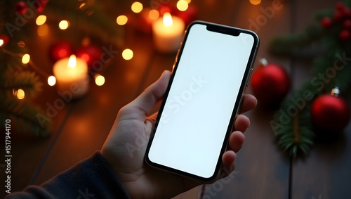 A person holds a smartphone with a blank screen, standing in front of a decorated Christmas tree.