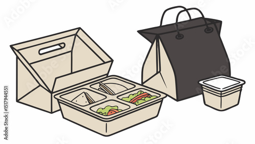 Brown and black paper lunch vector food craft box package vector mockup. Blank realistic isolated pack for take away breakfast or snack icon. Empty folded craft grocery product container illustration 