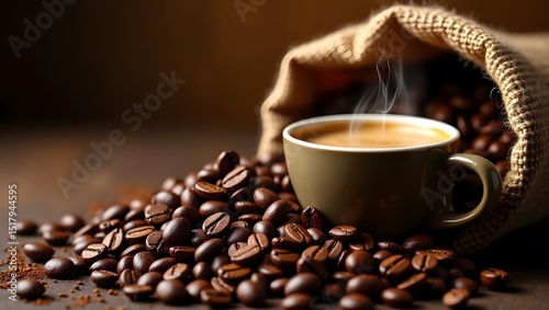 cup of coffee with beans in a wooden table