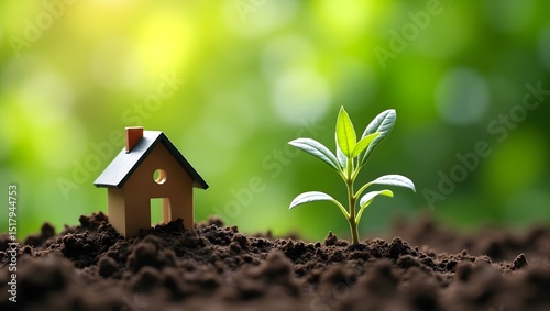 A small scale model of an eco friendly house surrounded by lush greenery and planted in soil symbolizing the concept of sustainable living renewable resource , eco friendly concepts