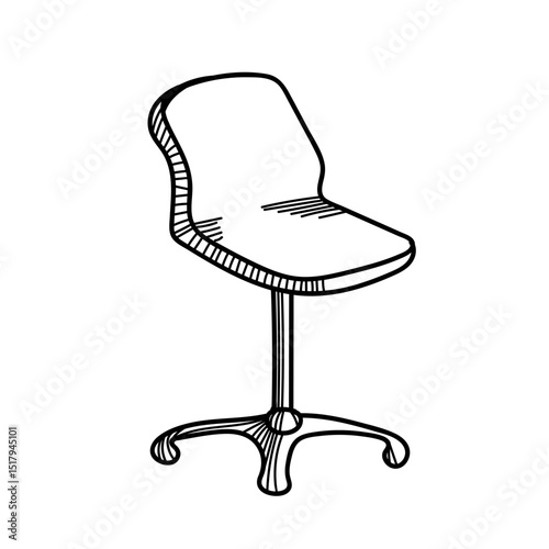 Vector illustration of a computer chair in black and white doodle style. Hand-drawn line art on a white background. Minimalist and modern design.