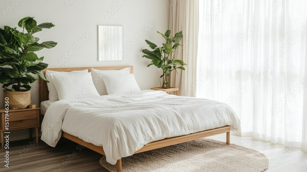 Fototapeta premium Serene Bedroom Interior Design: Minimalist White Bedding, Natural Light, and Lush Greenery