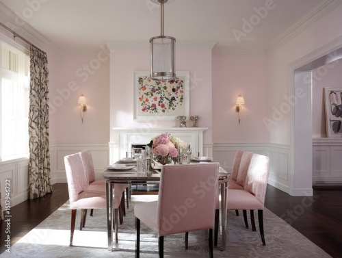 Pink dining room with flora...