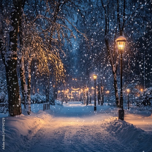 A fabulous view of a snowy night city park, with trees in the snow, cozy warm light of lanterns. Time for Christmas holidays, winter walks, combination of city and nature.