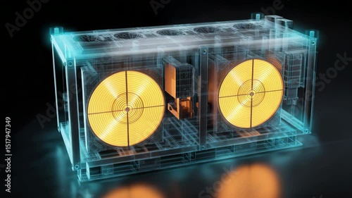 Transparent industrial cooling unit gradually activating its powerful internal fans, revealing complex internal components, isolated on a dark background
