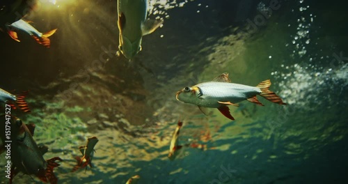 Silver Prochilodus Side View. Prochilodontidae Or Flannel-mouthed Characins. Silver Prochilodus And Pirapitinga Swim In Shanghai Ocean Aquarium. Piaractus Brachypomus Also Known As The Red-bellied photo