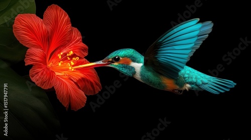A bird with blue and green feathers flies towards a red flower.
