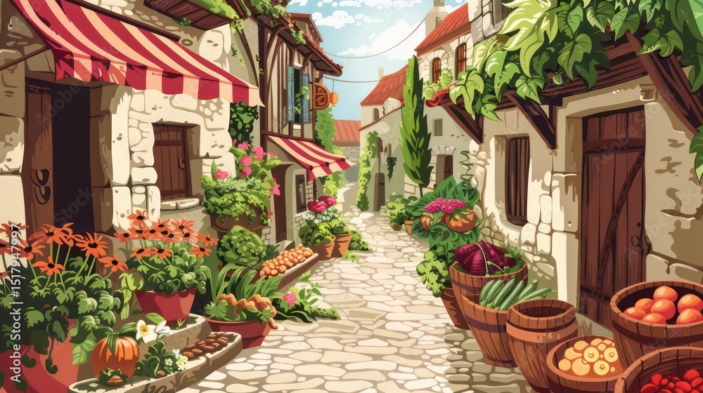 Fototapeta premium Charming vector street with pastel buildings, cobblestones, café table, and vintage bicycle.