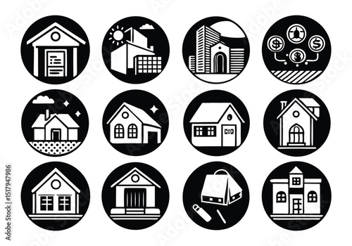 Real Estate Icon Set Houses, Buildings, and Property Illustrations