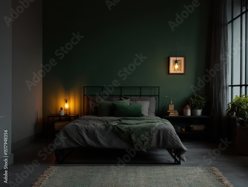 Dark green bedroom with coz...