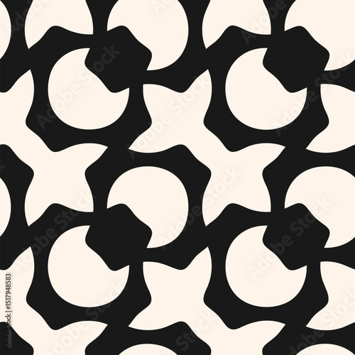 Abstract monochrome vector geometric seamless pattern. Stylish black and white background with quirky shapes, curved lines. Modern endless ornament texture. Funky repeated geo design for decor, print