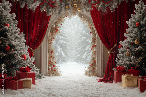 Elegant Christmas Interior with Snowy Window View and Decorated Trees
