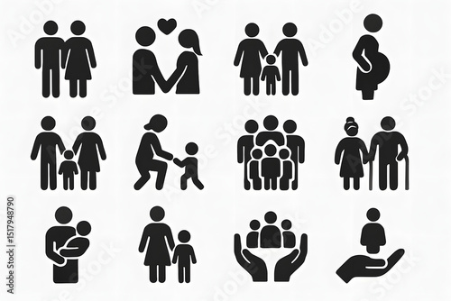 Diverse Family Icons: A collection of minimalist icons depicting various family structures and life stages, representing the diversity and evolution of familial relationships.