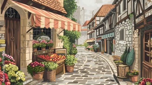 Charming vector street with pastel buildings, cobblestones, café table, and vintage bicycle.
