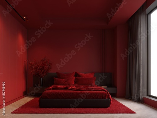 Deep crimson bedroom interi...