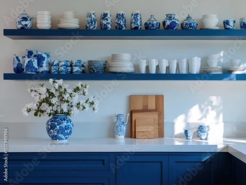 Blue and white chinaware adorns kitchen shelves.