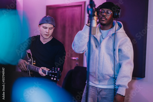 Two musicians are captured in a recording studio setting, one playing guitar while the other sings into a microphone. The atmosphere is creative and focused, highlighting collaboration.