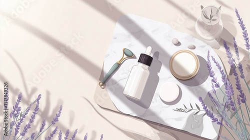 Natural skincare routine at home in a clean style showcasing skincare products and tools on a marble surface with lavender 