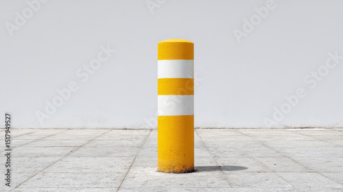 Sunny yellow bollard stands guard on barren concrete plaza, evoking urban resilience, minimalism charm, Civic Design Day