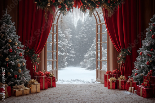 Elegant Christmas Interior with Snowy Window View and Decorated Trees
