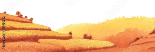 Golden terraced hills bask in the amber glow of sunrise, resonating with harvest festivals and poetic nature reveries