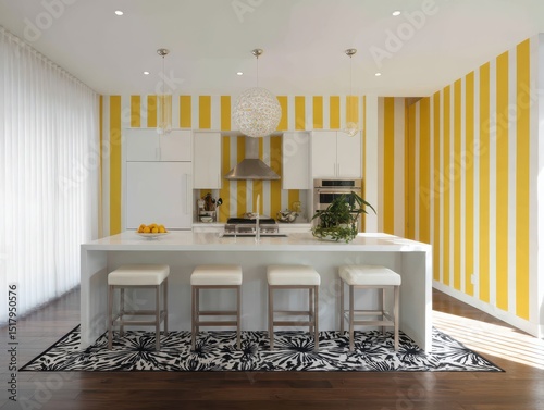 Stylish kitchen with yellow...