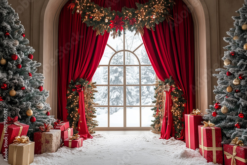 Elegant Christmas Interior with Snowy Window View and Decorated Trees
