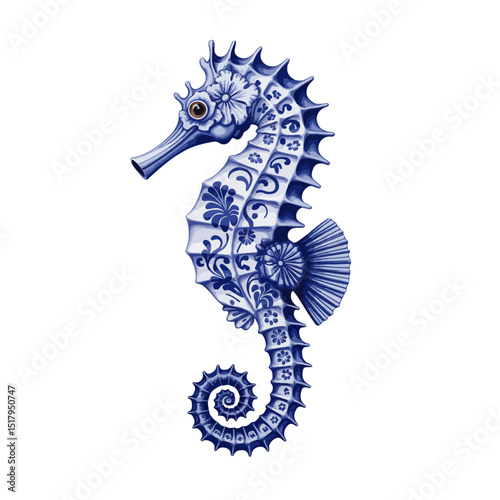 Seahorse in Bloom – Double Exposure with Ornamental Blue Floral Patterns